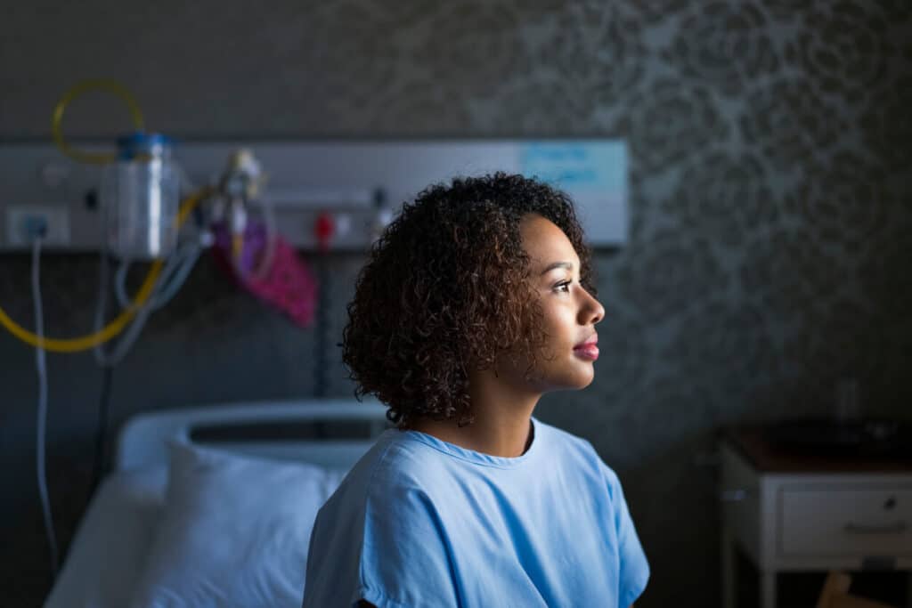 Young woman as a patient in a hospital.